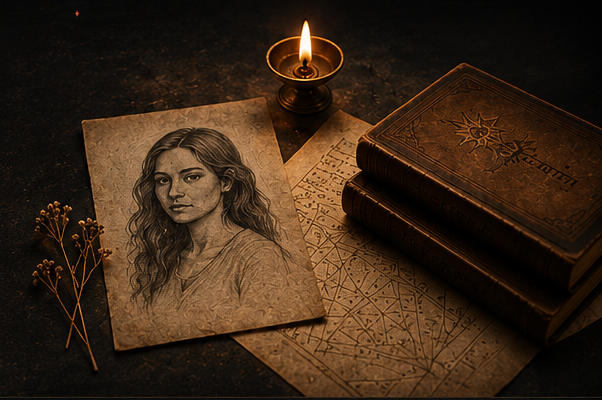 Soulmate sketch on parchment beside a lit candle and old leather-bound books