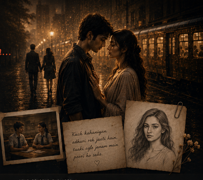 Soulmate collage — couple in rain, past-life memory, and a sketched portrait